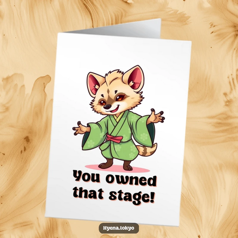 Funny Free Printable Congrats Card: Hyena in green kimono dancing gracefully, stylish and celebratory art.