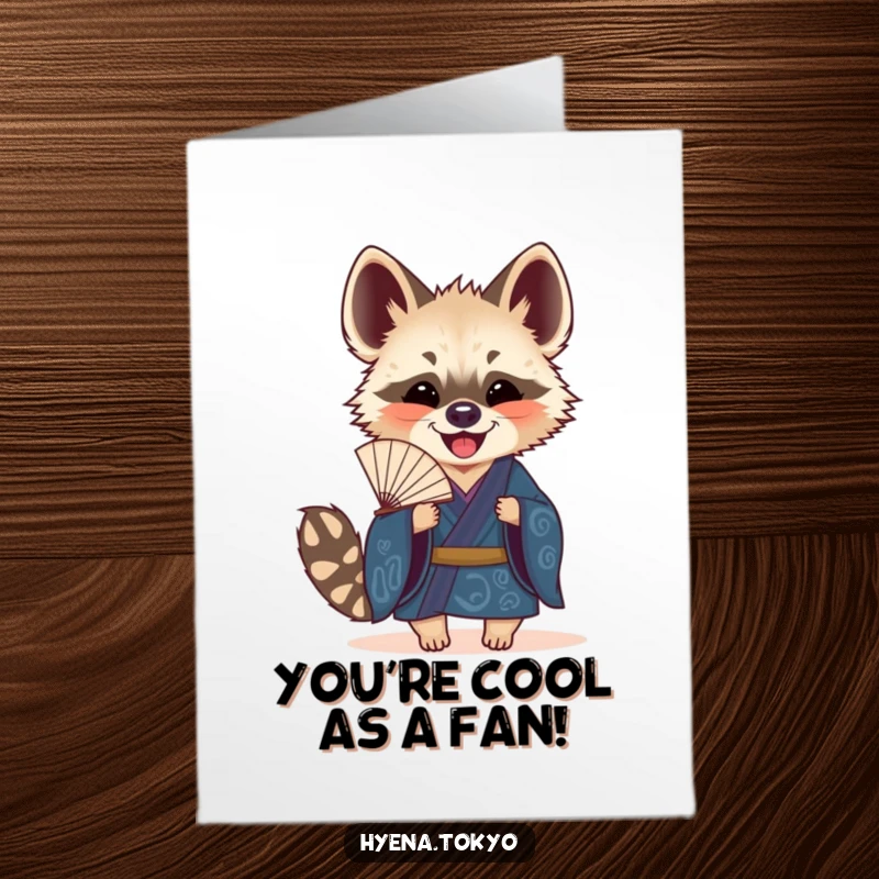 Funny Free Printable Congrats Card: Hyena in blue kimono holding fan, conveying joy and celebration.