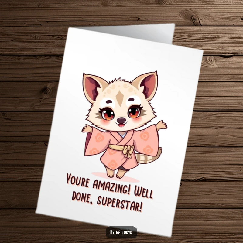 Funny Free Printable Congrats Card: Hyena in a kimono twirling with bright eyes to celebrate your amazing news.