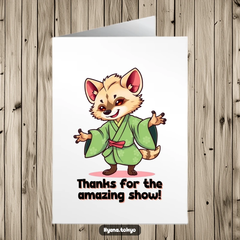 Funny Free Printable Thank You Card: Hyena in green kimono dancing gracefully, expressing thanks with style.