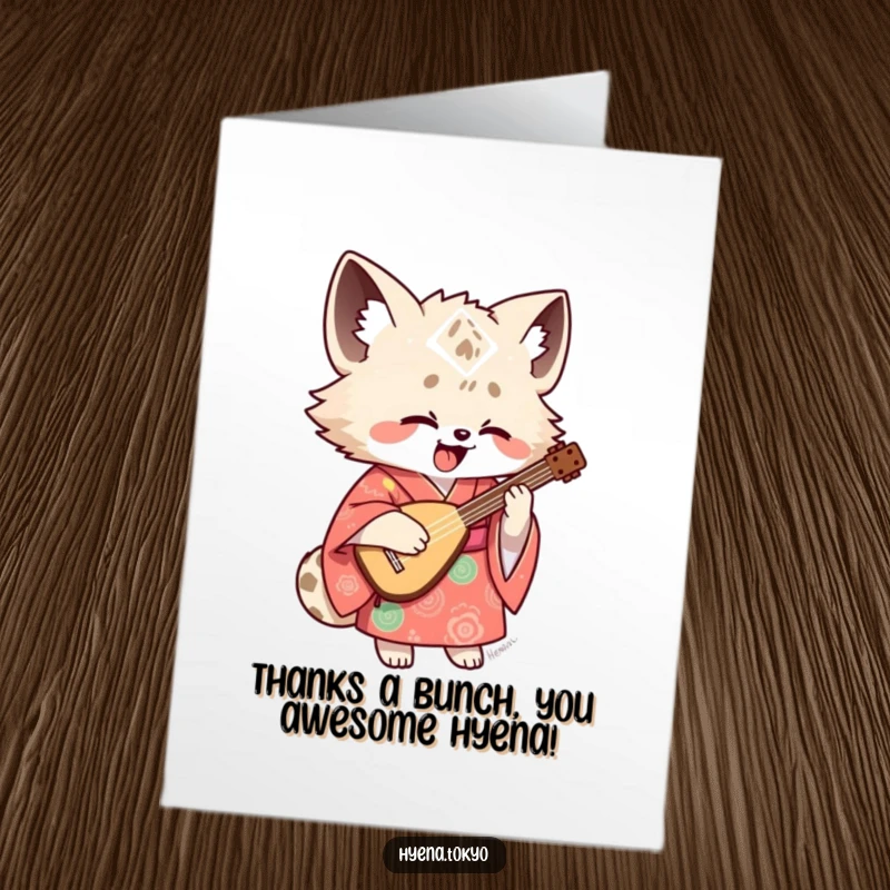 Funny Free Printable Thank You Card: Hyena in a colorful kimono playing shamisen, sending musical thanks your way.