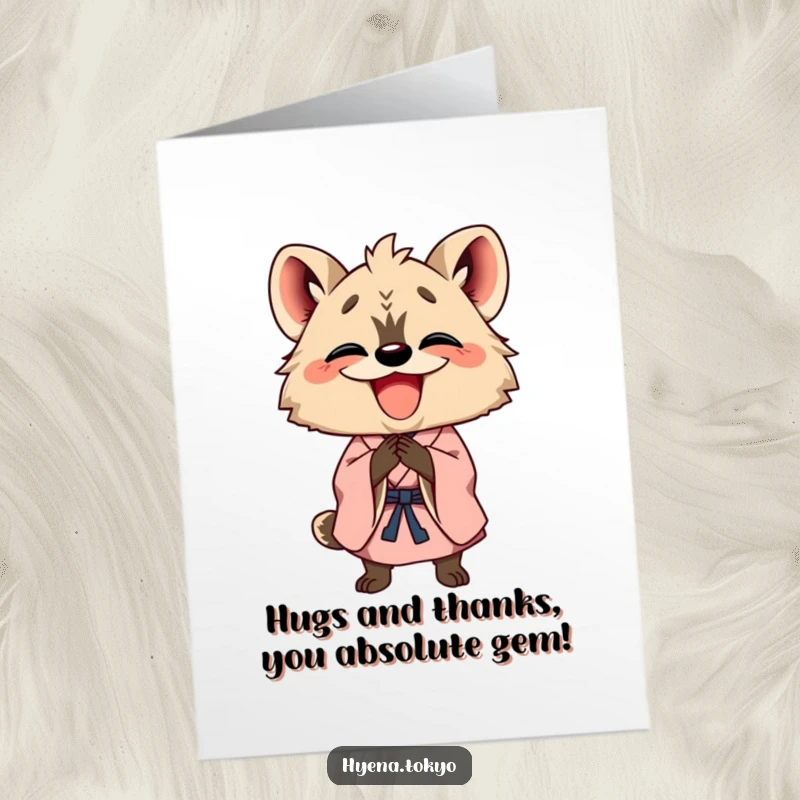 Funny Free Printable Thank You Card: A happy hyena in a kimono bowing with a wide grin, saying thank you.