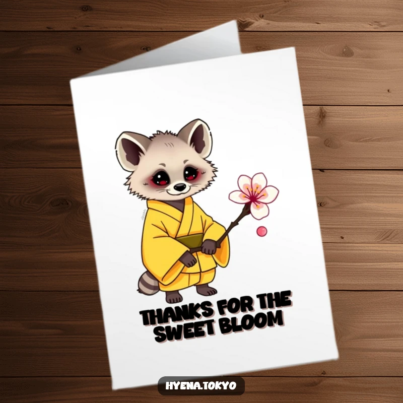 Cute Free Printable Thank You Card: Hyena offers a plum blossom in yellow kimono.
