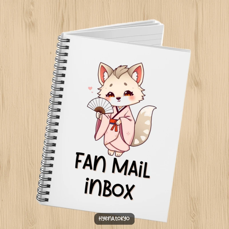 Funny hyena in a kimono offering a delicate fan, designed as a notebook cover for elegant and humorous journaling.