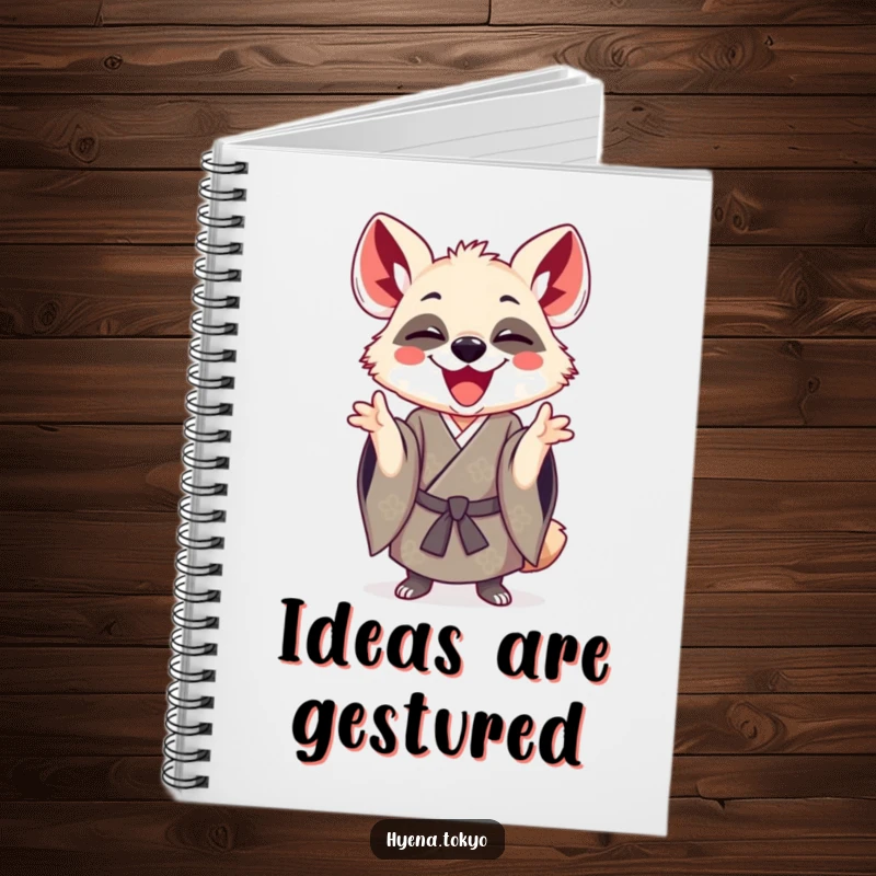Funny hyena in a kimono gesturing playfully, designed as a notebook cover for humorous note-taking and journaling.