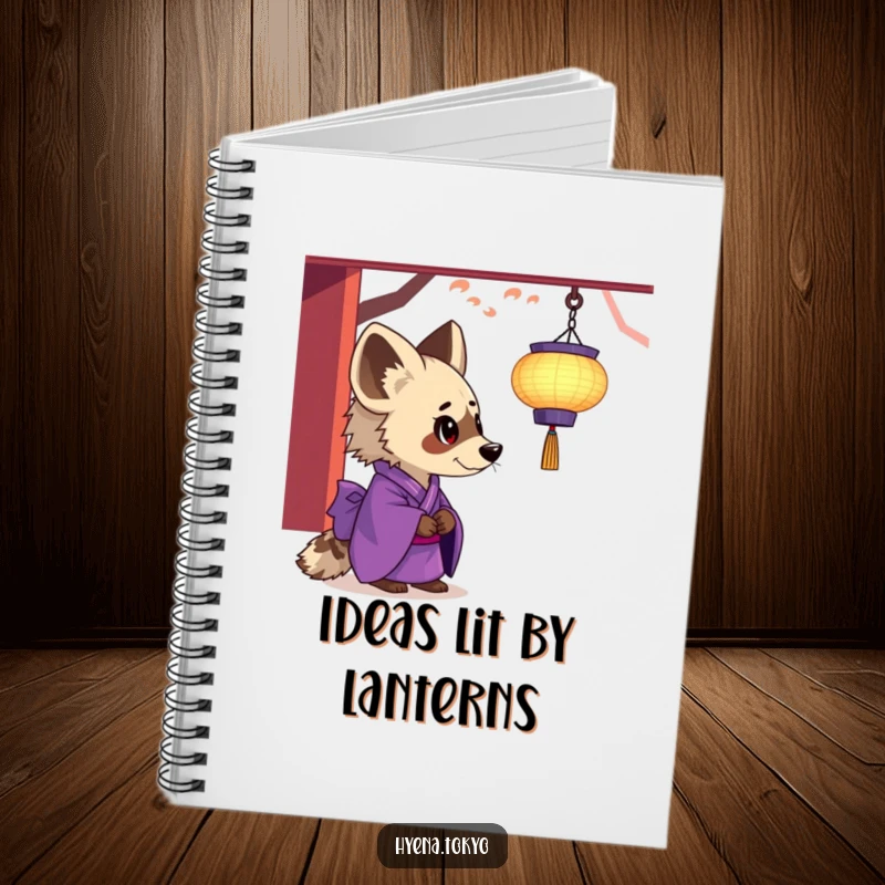 Funny hyena notebook, purple kimono, fascinated by a floating lantern, perfect for notes and reflections, great funny gift.