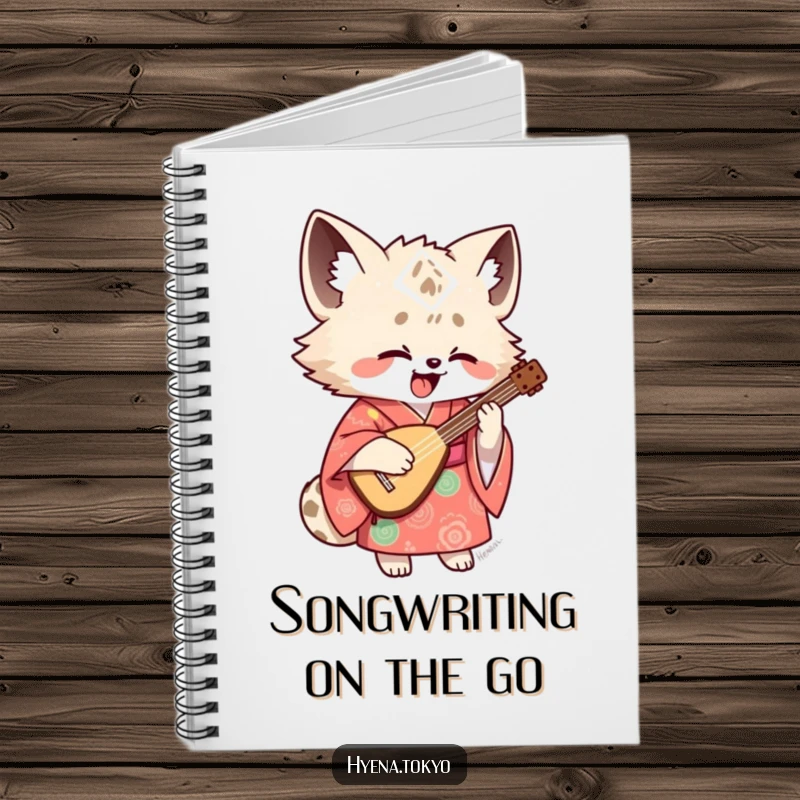 Funny hyena shamisen notebook, cover art of a hyena in a kimono playing a shamisen, inspiring creativity with humor.
