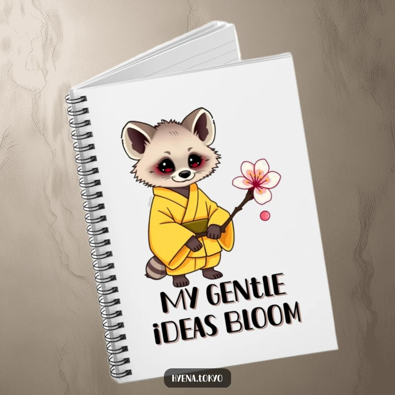 Funny hyena notebook, yellow kimono, offering a plum blossom, perfect for notes and gratitude, great funny gift.