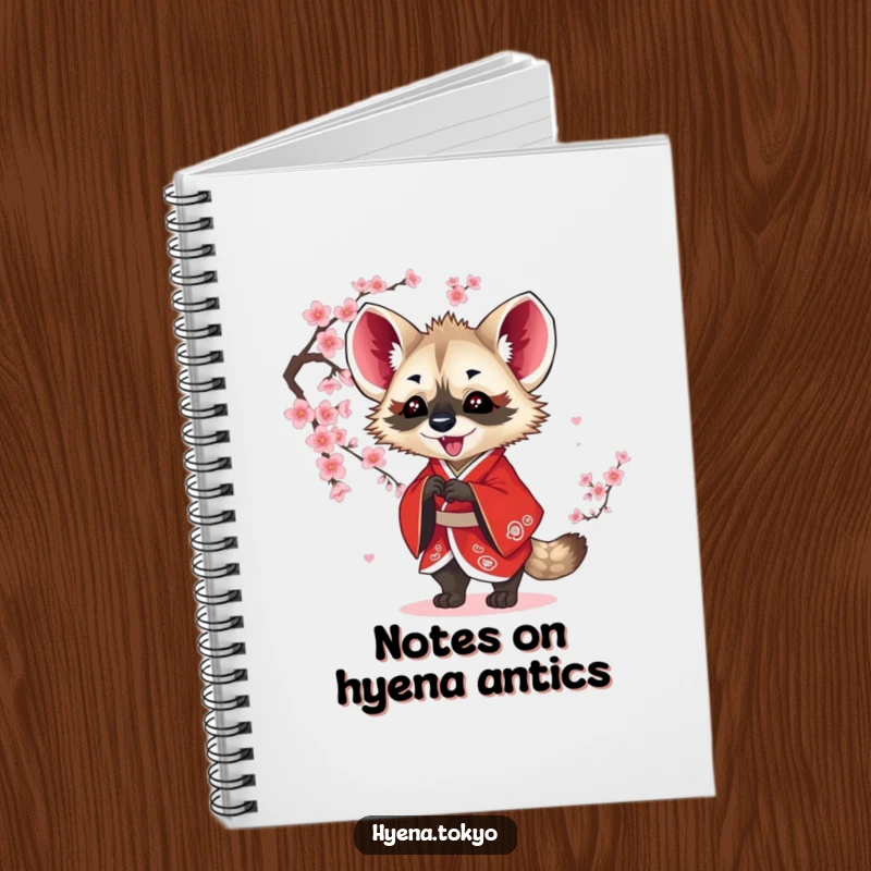 Funny hyena notebook, red kimono, playfully batting at blossoms, perfect for notes and doodles, great funny gift.
