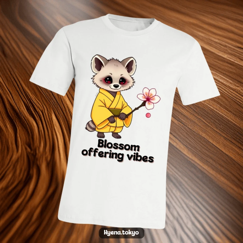 Funny hyena t-shirt, yellow kimono, gently offering a stylized plum blossom, sweet and humorous design.