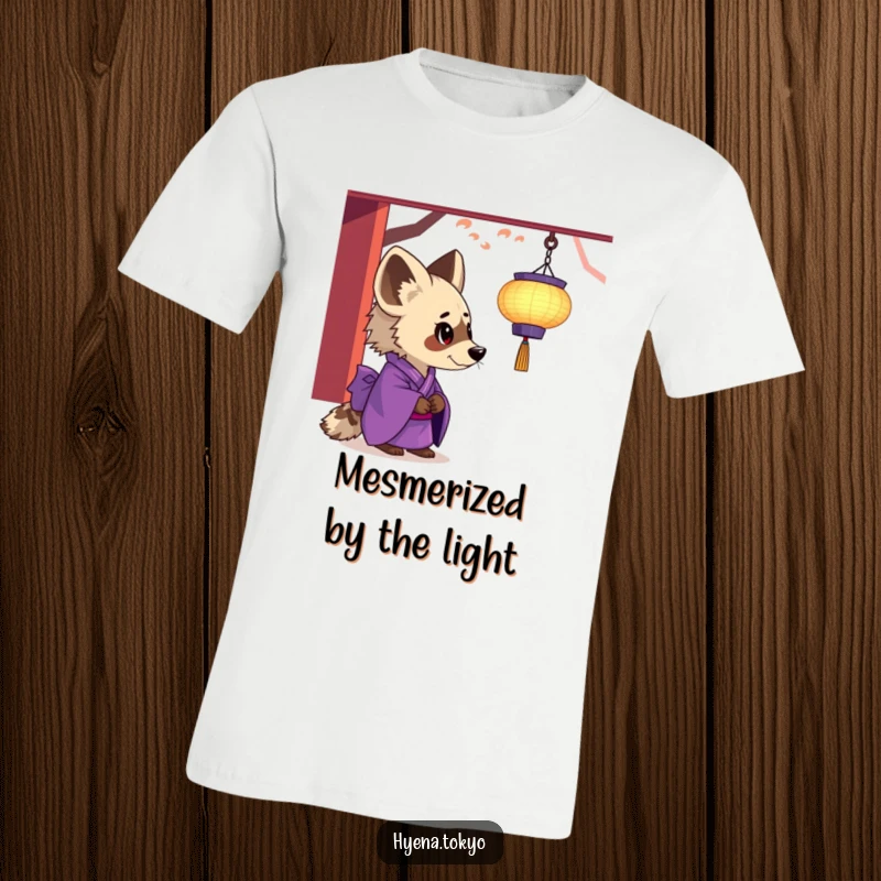 Funny hyena t-shirt, purple kimono, gazing with fascination at a floating lantern, artistic and humorous design.