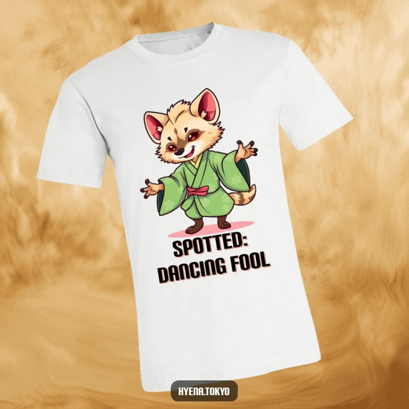 Funny Hyena Kimono T-Shirt: A hyena character dressed in a vibrant green kimono, gracefully performing a dance, artistic and humorous.