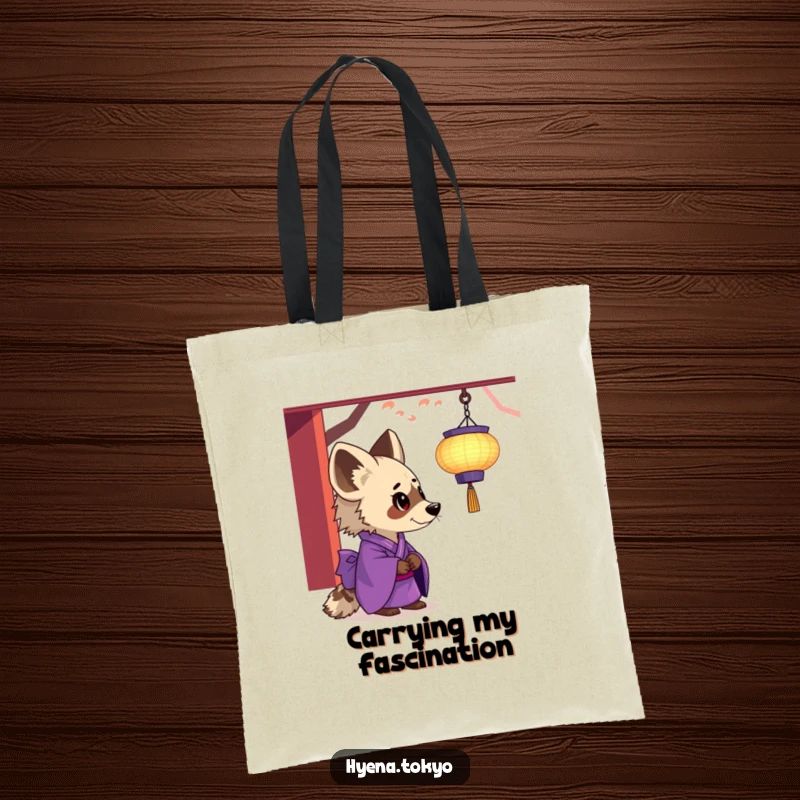 Funny hyena tote bag, purple kimono, fascinated by a floating lantern, magical and practical, ideal funny gift.