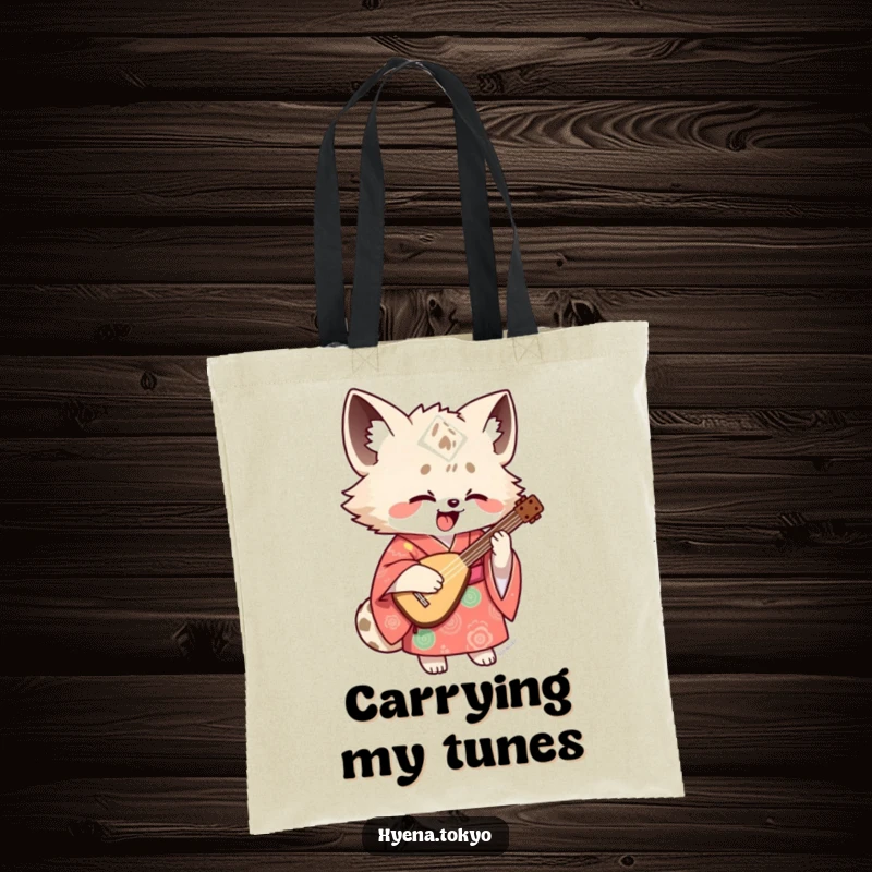 Funny hyena shamisen tote bag featuring a hyena in a kimono playing music, perfect for stylish and humorous everyday use.