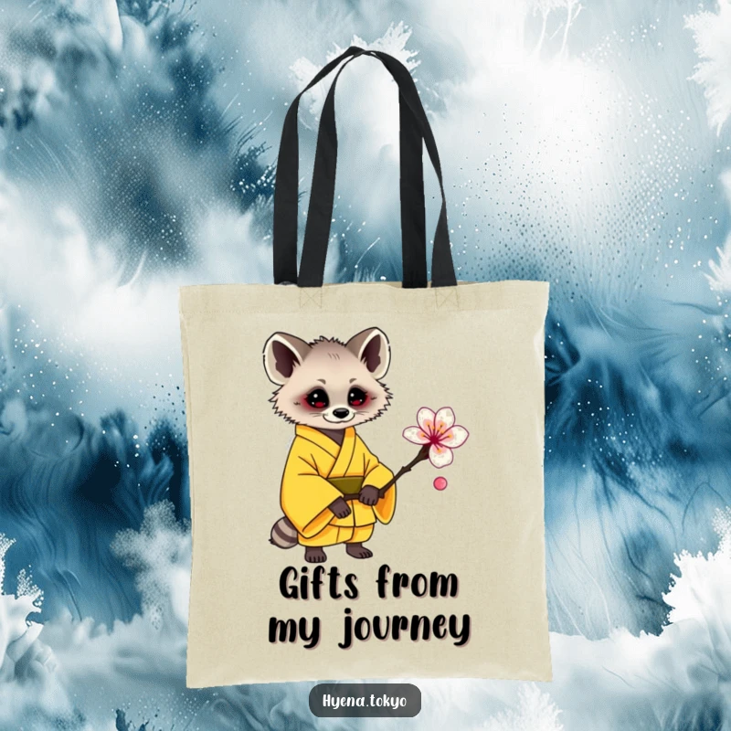 Funny hyena tote bag, yellow kimono, offering a plum blossom, sweet and practical, ideal funny gift.
