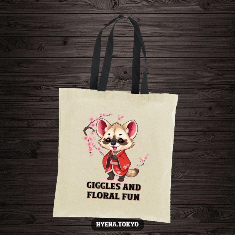 Funny hyena tote bag, red kimono, playfully batting at falling blossoms, practical and humorous carry-all, ideal funny gift.