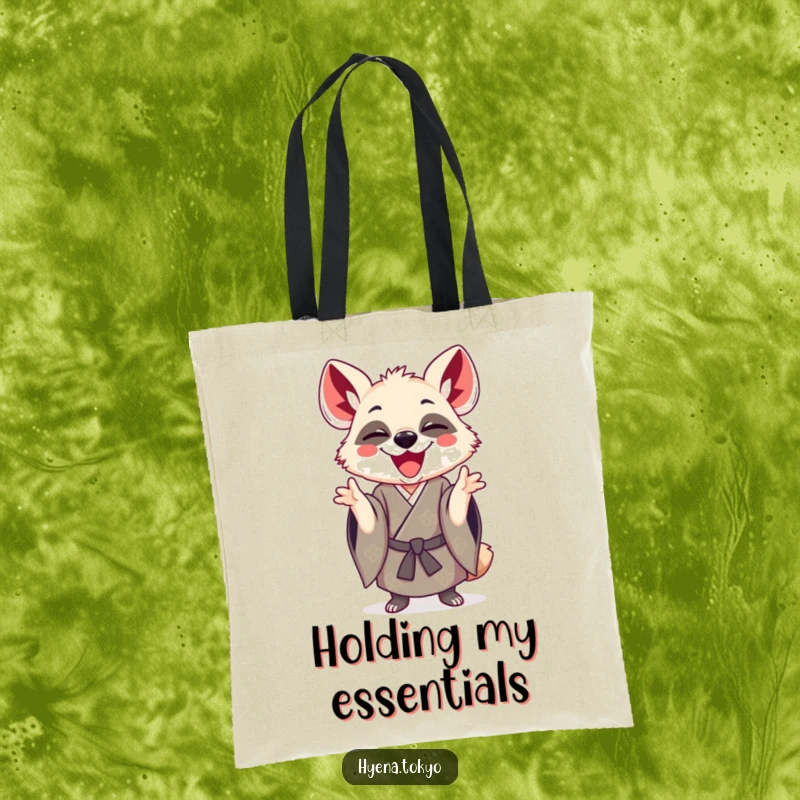 Funny hyena in a kimono gesturing playfully, showcased on a durable tote bag, perfect for stylish and humorous carrying.